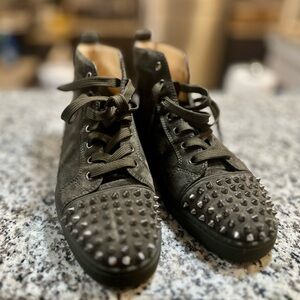 Christian Louboutin Olive Green Suede Lou Spikes High Top Sneakers Size 41
